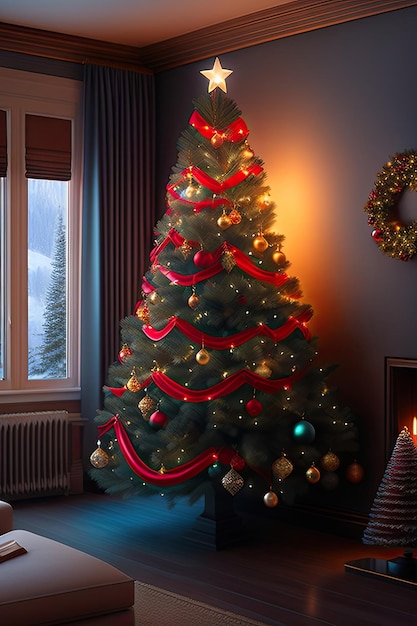 リビングルームのライト付きのクリスマスツリー