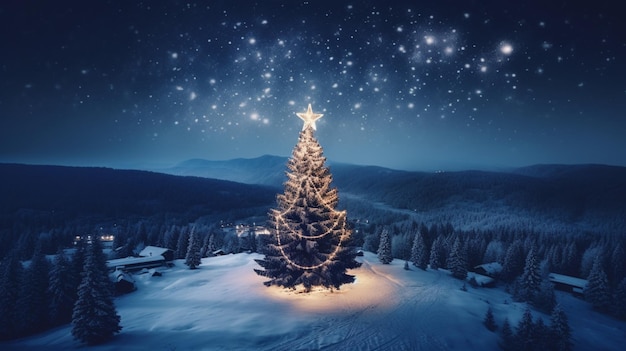 Christmas tree with lights snow winter background image Ai generated art