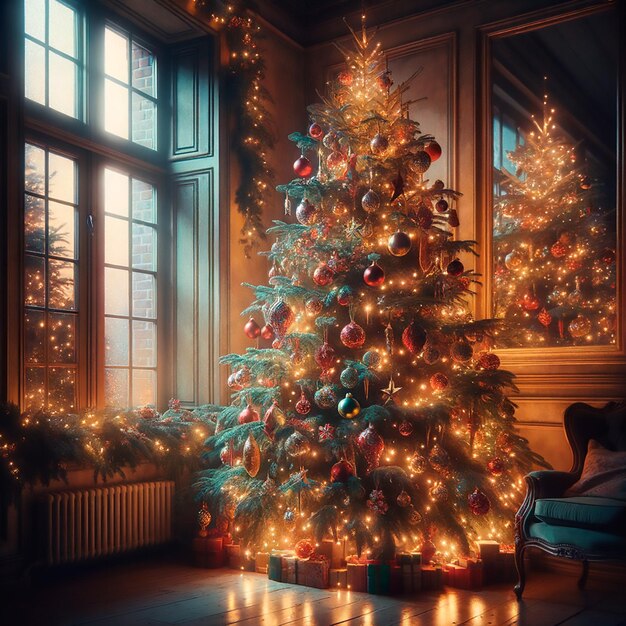 A Christmas tree with lights and toys stands in the room by the window There are gifts under the tree