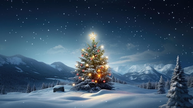 Christmas tree with lights in winter forest with snow at frosty Christmas night Beautiful winter holiday landscape