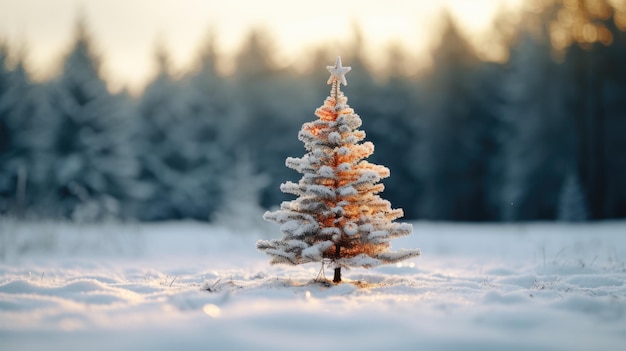 Christmas tree with lights in winter forest with snow at frosty Christmas night Beautiful winter holiday landscape