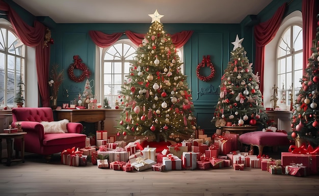 A christmas tree with many gifts and decoration