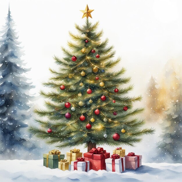 写真 クリスマステーマの背景に多くの贈り物を飾ったクリスマスツリー