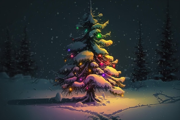 Christmas tree with multicolor lights in the snow