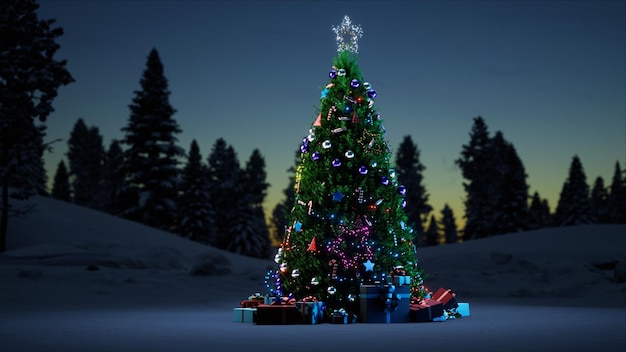 Foto albero di natale con decorazioni e regali di giocattoli di capodanno in una foresta innevata alla vigilia del nuovo anno