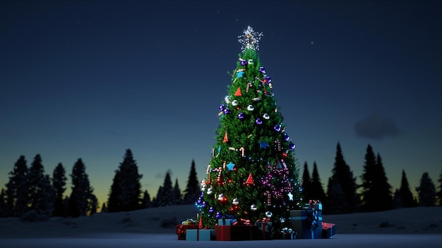 Christmas tree with new year toys decorations and gifts in a snowy forest on the eve of new year