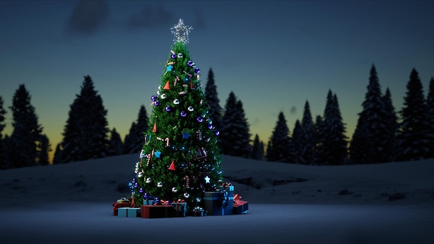 Christmas tree with new year toys decorations and gifts in a snowy forest on the eve of new year