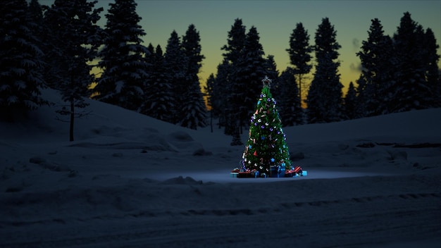 Foto albero di natale con decorazioni e regali di giocattoli di capodanno in una foresta innevata alla vigilia del nuovo anno