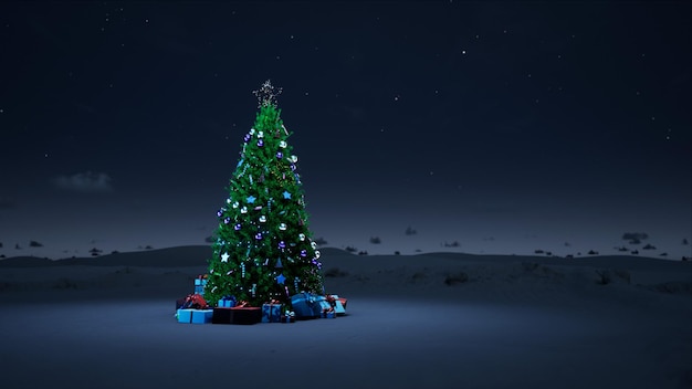 새해 전날 눈 덮인 숲에서 새해 장난감 장식과 선물이 있는 크리스마스 트리