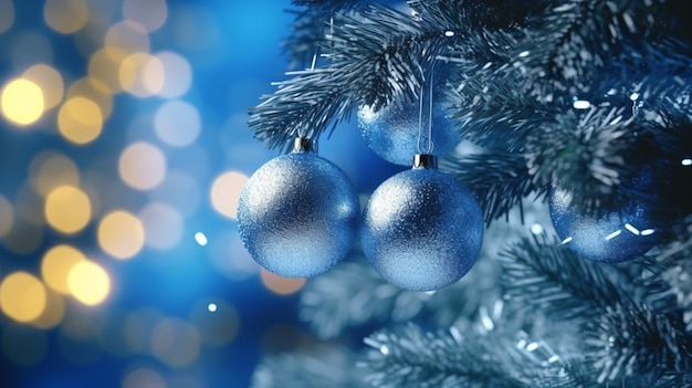 Christmas Tree With Ornaments In Blue And Bokeh Light Ai Generative