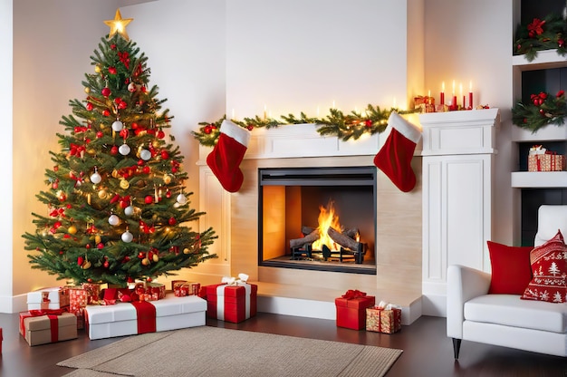 Christmas tree with ornaments by the fireplace with lights in the living room