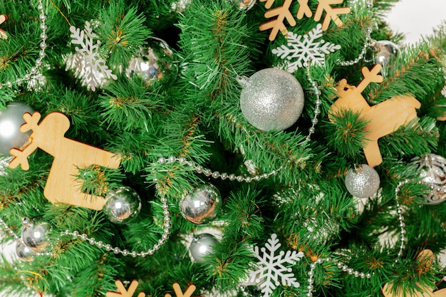 Christmas tree with ornaments, close-up