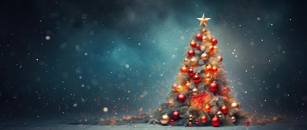 Christmas tree with ornaments and falling snow 3d rendering