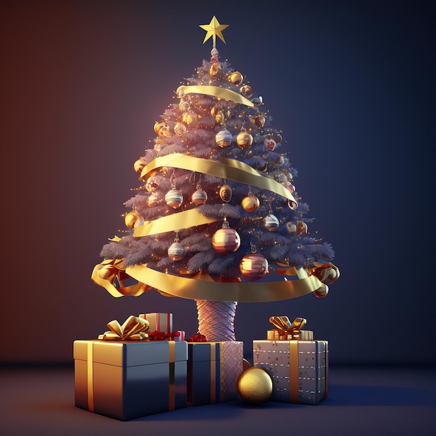 Christmas tree with ornaments and golden details decorated with gifts isolated on colored background with lights