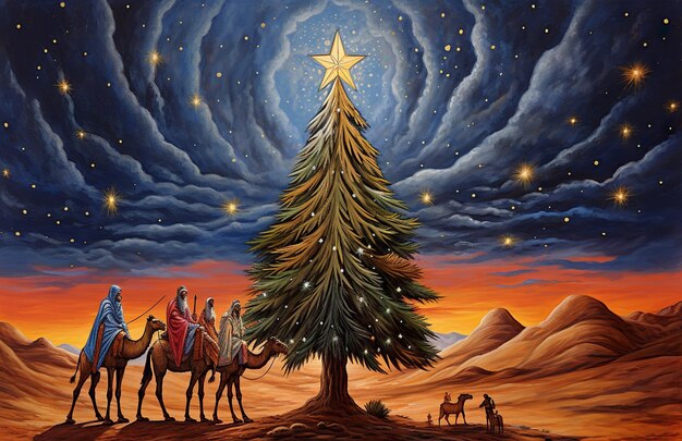 рождественское дерево с людьми и звездой, которая освещена