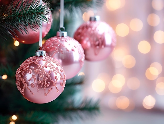 Christmas tree with pink baubles on bokeh lights background