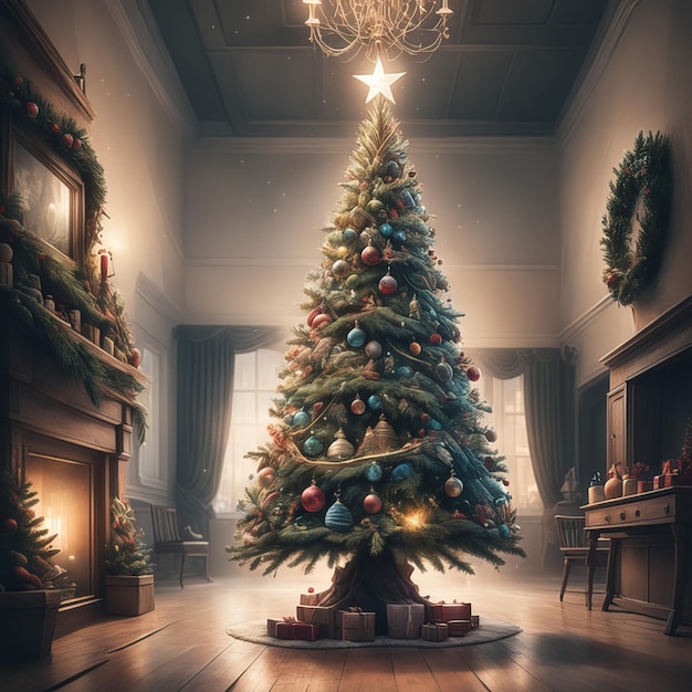 Рождественская елка с подарками и украшениями