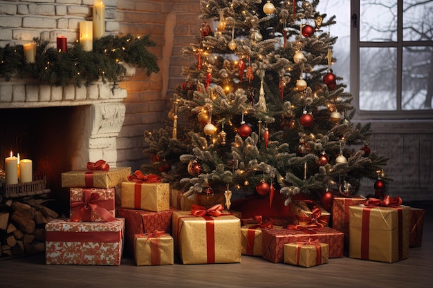 a christmas tree with presents and a fireplace in the background