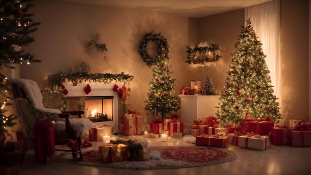 Photo christmas tree with presents and fireplace in the living room at home