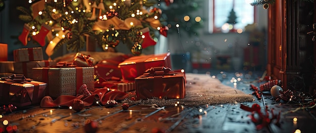 Christmas tree with presents fireworks