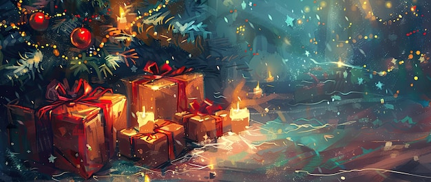 Рождественская елка с подарками и фейерверками