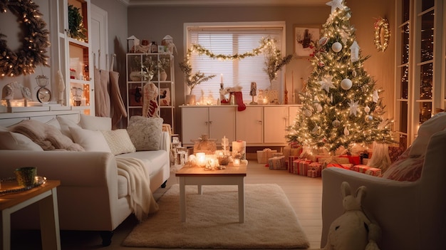 A christmas tree with presents on the floor and a fireplace in the background.