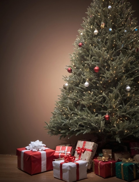 Photo christmas tree with presents gifts happy new year card