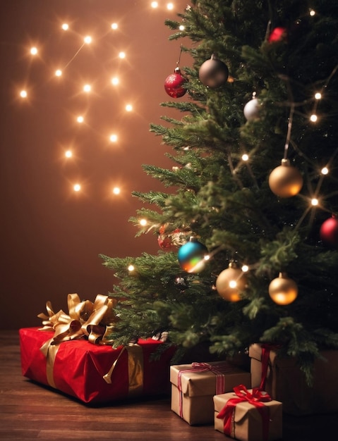 christmas tree with presents gifts happy new year card