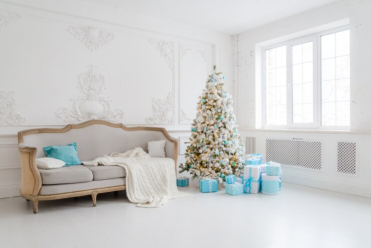 Christmas tree with presents gifts underneath in living room