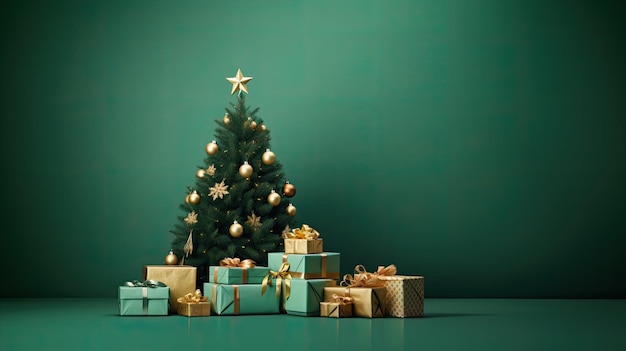 緑の背景にプレゼントを飾ったクリスマスツリー