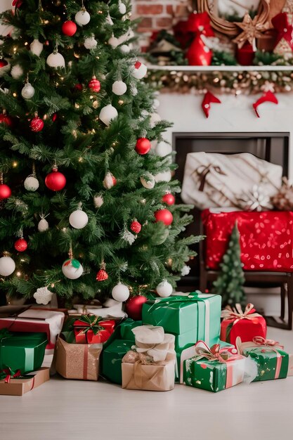 Рождественская елка с подарками под ней и новогодняя елка со словами рождество внизу