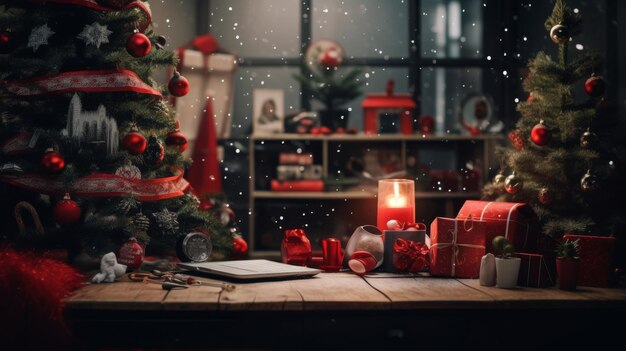 선물 과 켜진 불 이 있는 크리스마스 트리