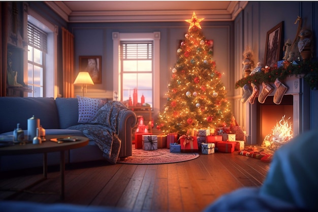 Christmas tree with presents in the living room 3D rendering