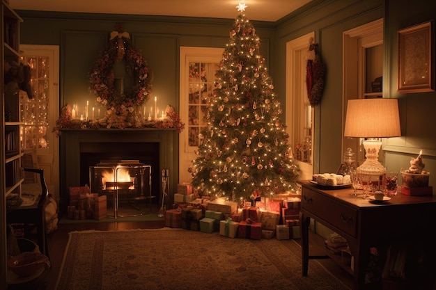 A christmas tree with presents in a living room