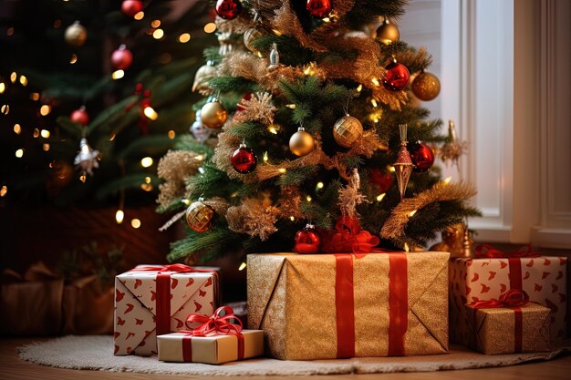 a christmas tree with presents and presents on the windowsill