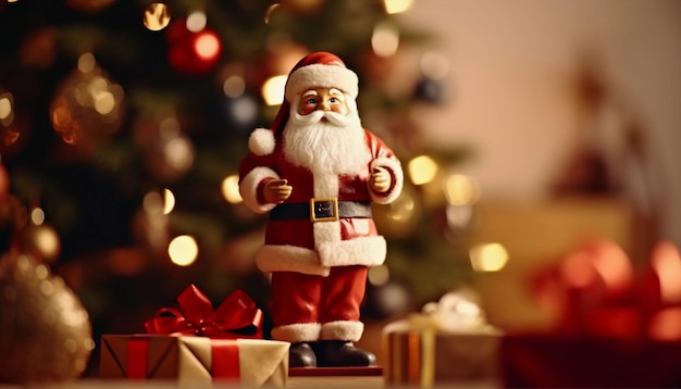 A christmas tree with presents and santa claus