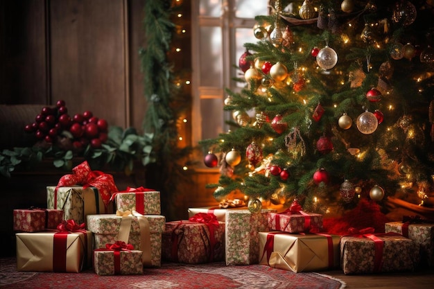 A christmas tree with presents underneath it.