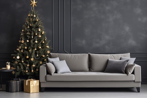 Рождественская елка с подарками под ней в гостиной с серым диваном
