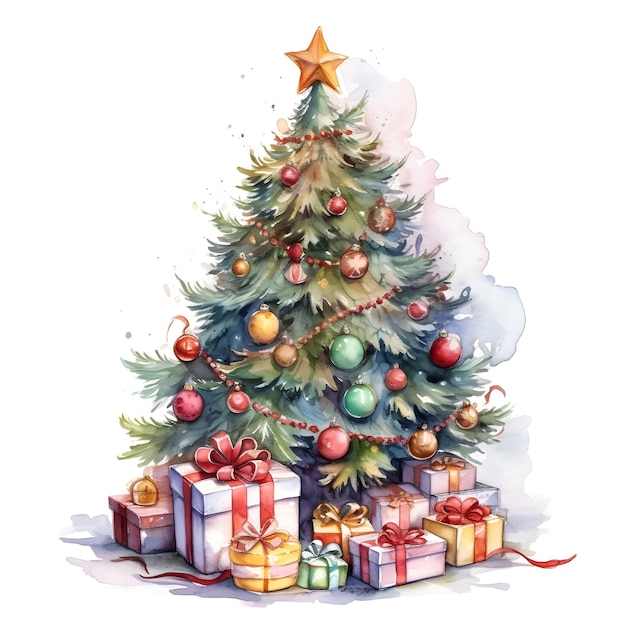 Christmas Tree with Presents Watercolor Illustration