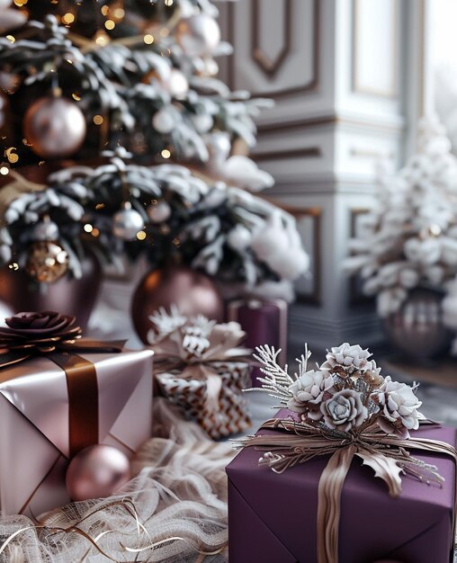 a christmas tree with a purple gift wrapped in gold ribbon