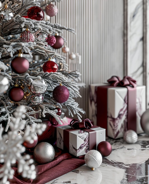 Photo a christmas tree with a purple and white gift in front of it