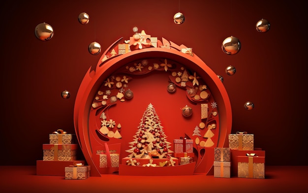 赤い背景にクリスマス ツリーとプレゼントのあるクリスマス ツリー。