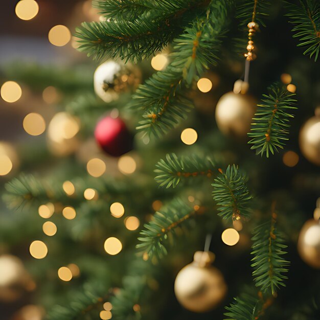 a christmas tree with a red ball and gold ornaments