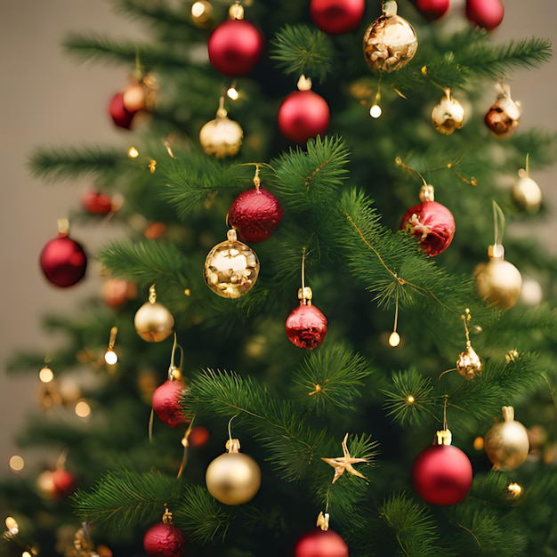 Photo a christmas tree with a red bauble and a gold star on it