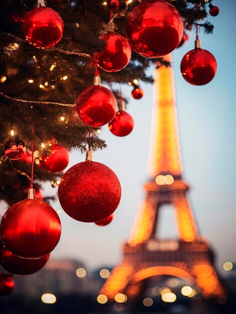 Christmas tree with red baubles and Eiffel tower in Paris France