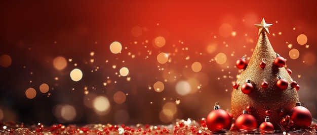 Christmas tree with red baubles on red bokeh background