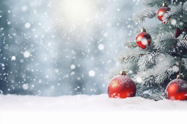 Christmas tree with red baubles on the snow