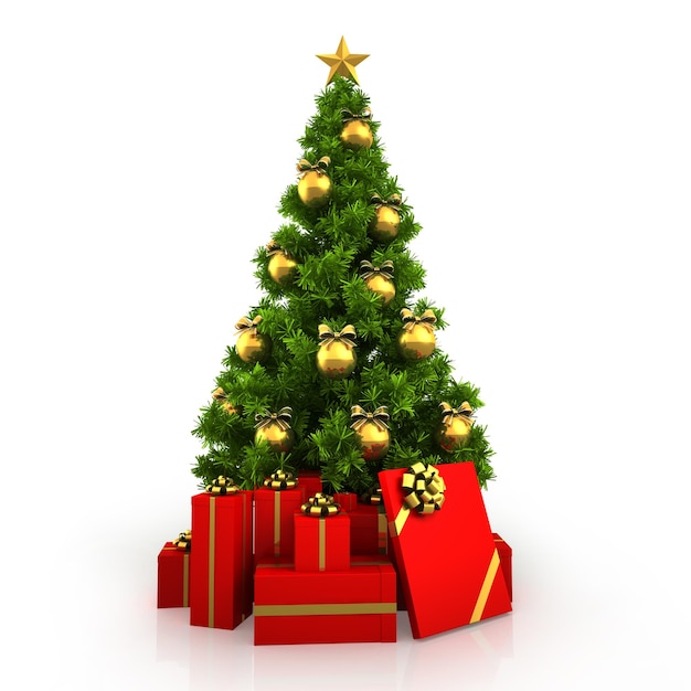 Christmas tree with red gift boxes isolated on red background