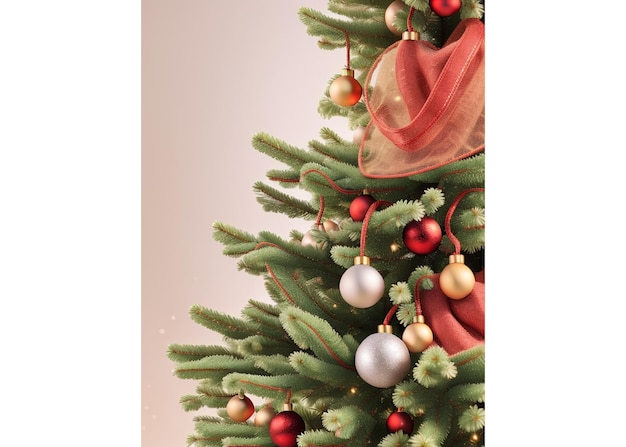 Christmas tree with red and gold balls on a gray background place for your text christmas concept