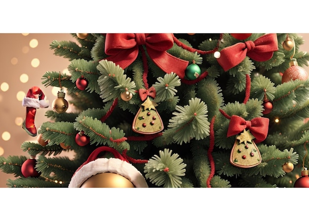 灰色の背景に赤と金のボールを持つクリスマス ツリーをテキスト クリスマス コンセプトに配置します。